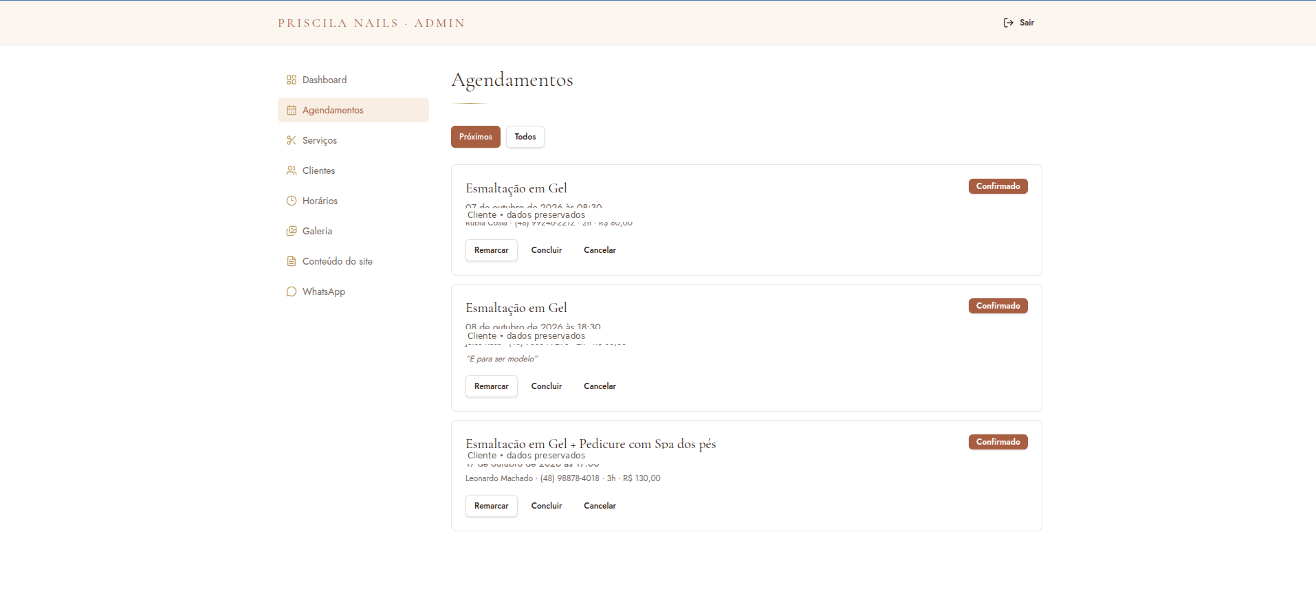 Painel administrativo com lista de agendamentos