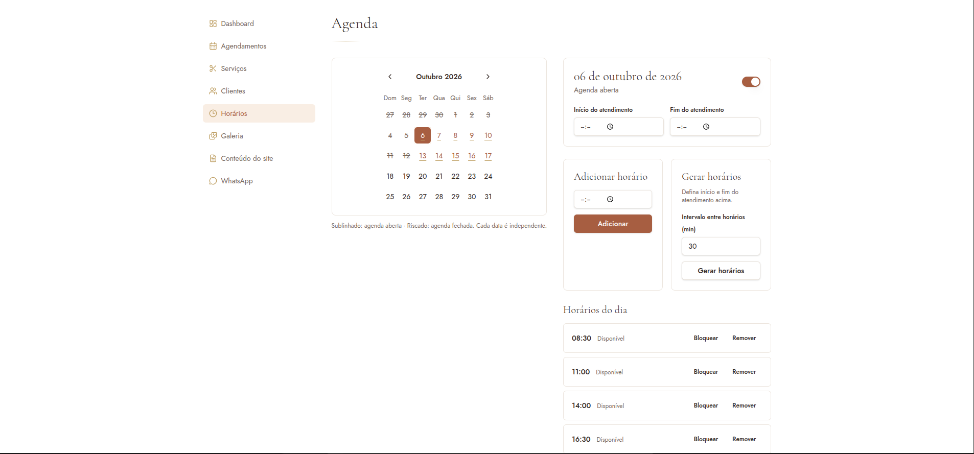 Painel de agenda e disponibilidade de horários