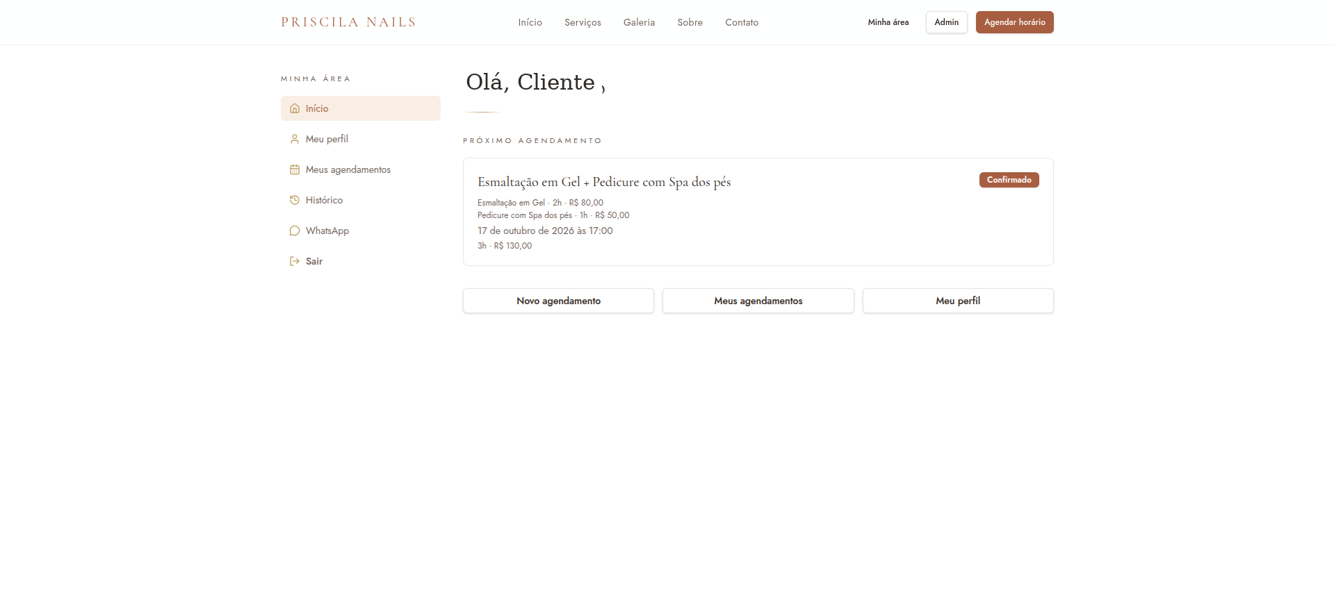 Área exclusiva da cliente com próximo agendamento